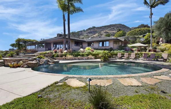Картинка дом, камни, пальмы, вилла, бассейн, Калифорния, США, Laguna Beach