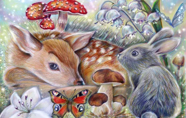 Картинка бабочка, гриб, кролик, арт, Bambi, thumper, олененок бемби