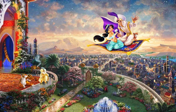 Картинка город, фонтан, живопись, дворец, Aladdin, Томас Кинкейд, painting, царство, Жасмин, Walt Disney, Thomas Kinkade, Дисней, …
