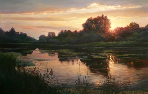 Картинка небо, свет, деревья, пейзаж, закат, озеро, отражение, берег, картина, вечер, травинки, Zbigniew Kopania