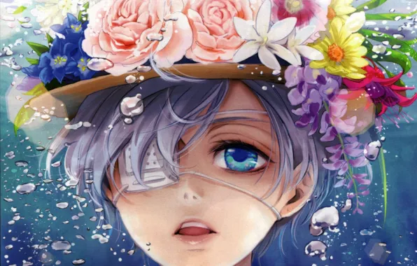 Картинка цветы, пузыри, розы, шляпа, аниме, арт, повязка, парень, под водой, kuroshitsuji, темный дворецкий, ciel phantomhive