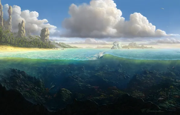 Картинка песок, море, волны, пляж, облака, рыбы, пейзаж, камни, пальмы, скалы, остров, кораллы, арт, подводный мир, …