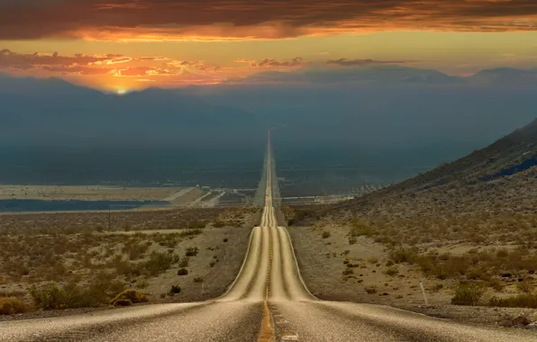 Картинка дорога, небо, пустыня, вечер, Калифорния, США, штат, Долина Смерти