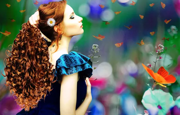 Картинка девушка, бабочки, цветы, лицо, волосы, макияж, арт, профиль, рыжая, кудри, синее платье