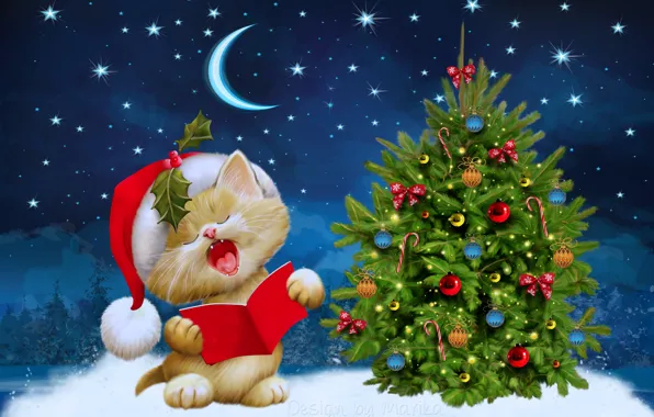 Картинка зима, звезды, снег, ночь, котенок, луна, елка, Новый Год, Рождество, Christmas, kitten, night, winter, snow, …