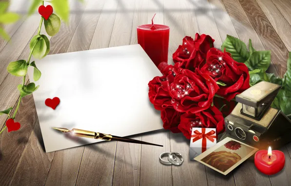 Картинка розы, Лист, кольца, свечи, ручка, бумаги