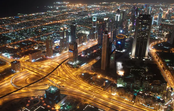 Картинка дорога, ночь, город, огни, движение, здания, дома, небоскребы, выдержка, освещение, Дубай, мегаполис, ОАЭ, Объединённые Арабские …