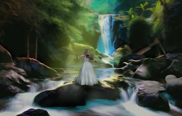 Картинка девушка, природа, музыка, река, камни, скрипка, водопад, арт, музыкальный инструмент