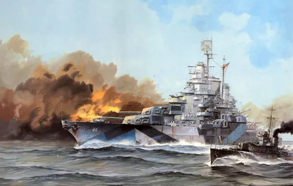 Картинка море, волны, огонь, дым, рисунок, корабль, арт, Калифорния, California, USS, WW2, линейный, ВМС США, главный …