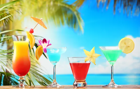 Картинка море, пляж, коктейль, summer, фрукты, beach, fresh, sea, fruit, paradise, drink, cocktail, tropical