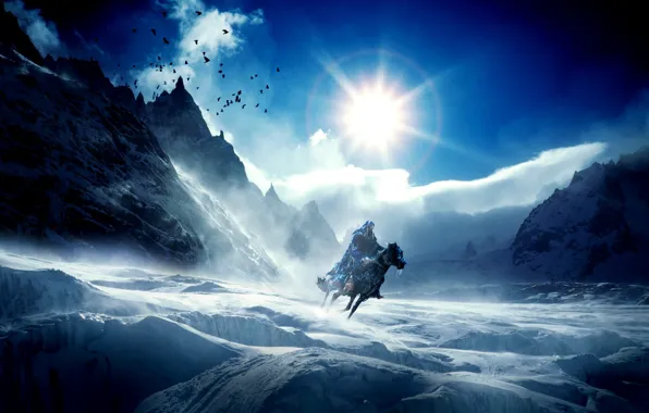 Картинка холод, лед, зима, небо, солнце, горы, птицы, фантастика, конь, сосульки, всадник