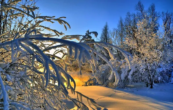 Картинка зима, небо, снег, пейзаж, закат, природа, река, гора, white, river, sky, landscape, nature, sunset, winter, …