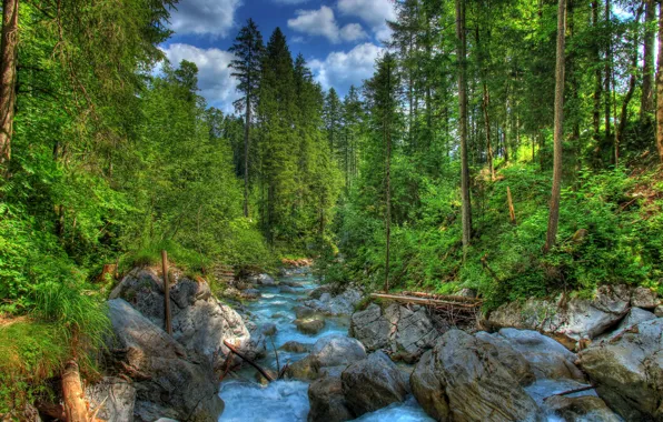 Картинка лес, пейзаж, природа, река, камни, фото, HDR, Германия, Бавария, Ramsau