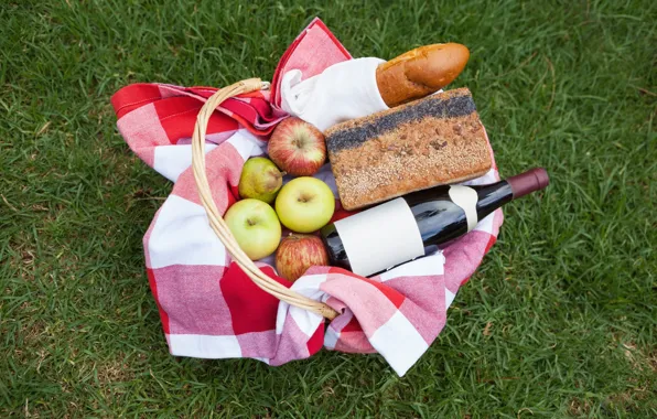 Картинка трава, вино, корзина, яблоки, бутылка, хлеб, груша, фрукты, пикник, скатерть