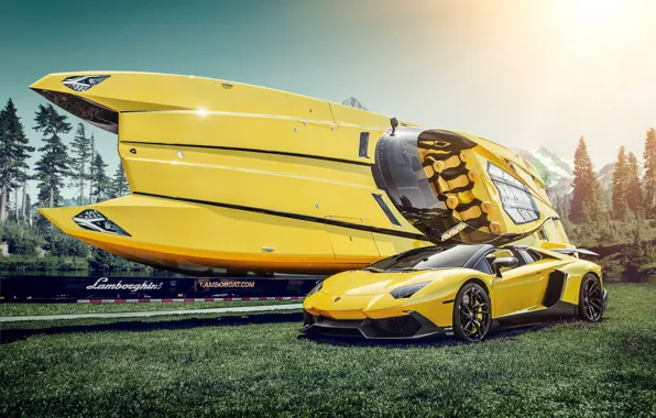 Картинка желтый, катер, supercar, Lamborghini Aventador, Lamborghini Boat