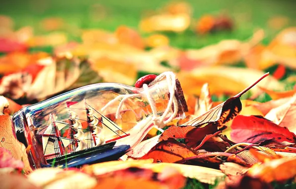 Картинка осень, листья, фон, widescreen, обои, настроения, лодка, корабль, бутылка, паруса, wallpaper, листочки, судно, широкоформатные, листики, …