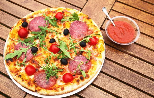 Картинка зелень, пицца, помидоры, соус, томаты, колбаса, pizza, cheese, tomato, sausage, sauce
