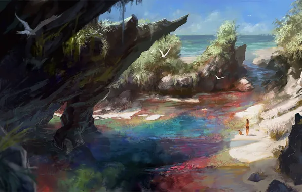 Картинка песок, море, пляж, девушка, птицы, скалы, чайки, мальчик, арт, Diablo 3, Witch Doctor