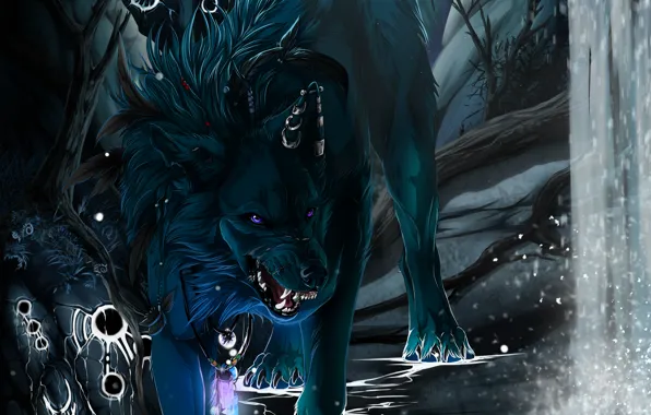 Картинка черный, водопад, волк, клыки, art, wolfroad