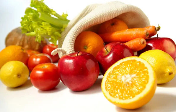 Картинка яблоки, еда, апельсины, фрукты, овощи, помидоры, морковь, лимоны