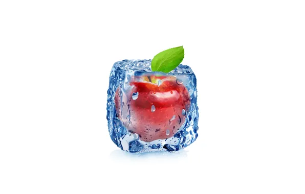 Картинка капли, абстракция, apple, яблоко, воды, арт, ice, куб, water, льда, fruit, frozen, drops, white background, …