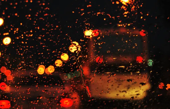 Картинка дорога, стекло, вода, капли, город, огни, дождь, настроение, улица, вечер, боке