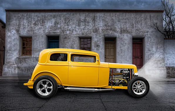 Картинка желтый, ретро, улица, классика, hot-rod, classic car