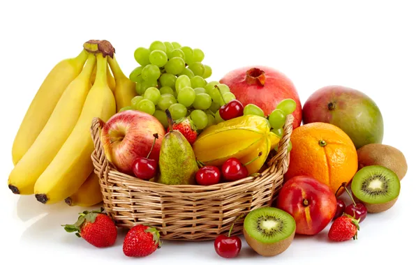 Картинка вишня, ягоды, корзина, яблоки, апельсин, киви, клубника, виноград, бананы, белый фон, груша, фрукты, гранат