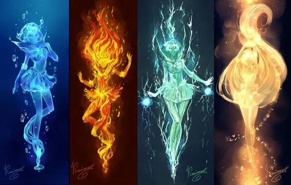 Картинка вода, свет, девушки, огонь, стихии, аниме, арт, электричество, sailor mars, Bishoujo Senshi Sailor Moon, mizuno …