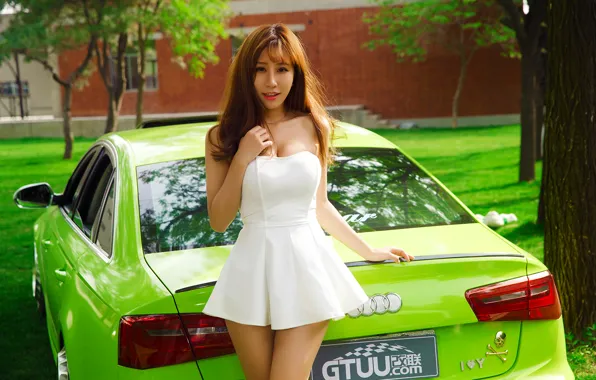 Картинка Audi, Car, Green, White, Pretty, Dress, Attractive, Yan Jiaqi