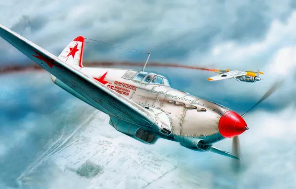 Картинка зима, самолет, воздушный бой, Лагг-3