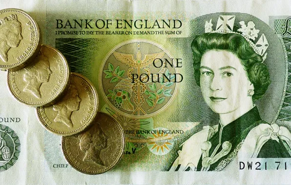 Картинка деньги, монеты, королева, банкнота, фунт
