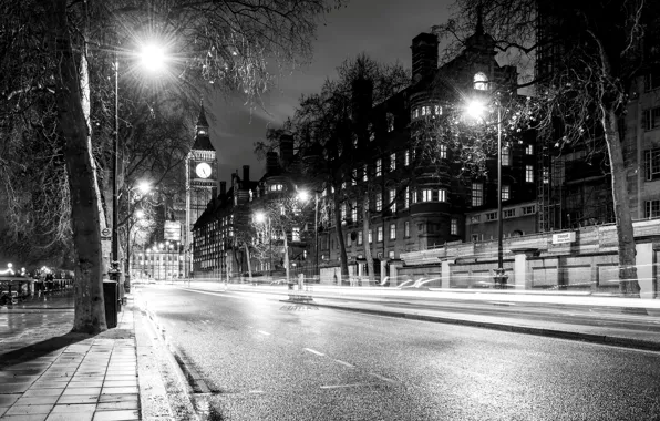 Картинка дорога, свет, деревья, ночь, город, Англия, Лондон, здания, дома, выдержка, фонари, Великобритания, Биг-Бен, черно-белое, архитектура, …