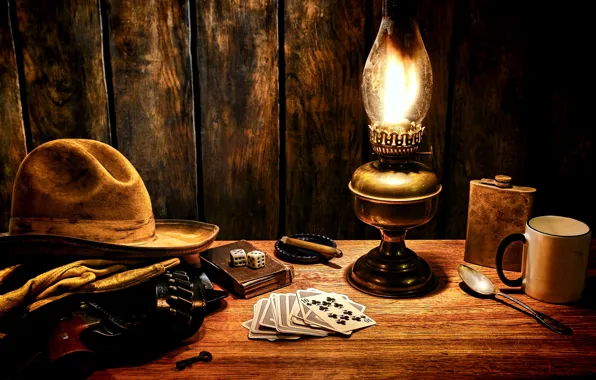Картинка поверхность, стиль, стол, кубики, лампа, шляпа, ключ, кости, кружка, сигара, перчатки, револьвер, style, western, вестерн, …