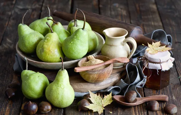 Картинка осень, листья, мед, фрукты, натюрморт, груши, баночка, каштаны, Anna Verdina
