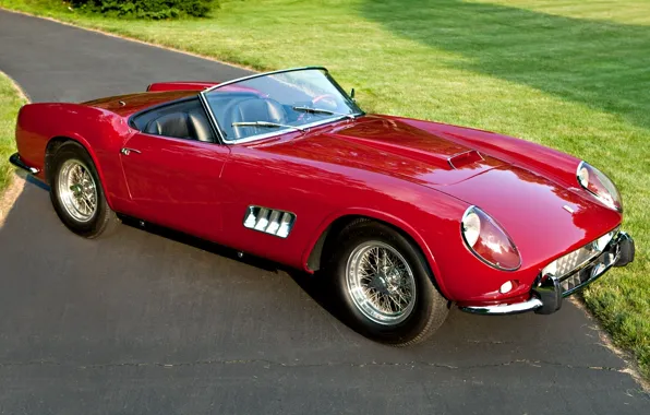 Картинка дорога, трава, красный, Феррари, Калифорния, Ferrari, классика, Spyder, California, передок, 1957, красивая машина, 250, Спайдер, …