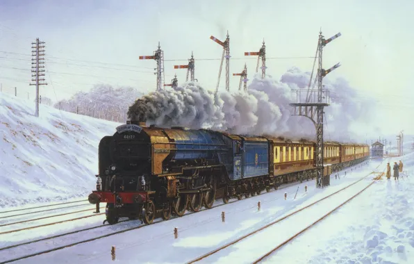 Картинка зима, снег, пейзаж, люди, поезд, паровоз, картина, вагоны, холст, полустанок