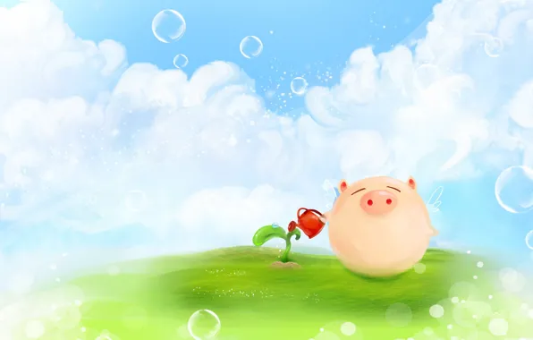 Картинка облака, пузыри, рисунок, растение, росток, крылья, позитив, луг, свинья, лейка, хрюшка, поросенок
