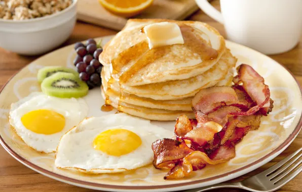 Картинка завтрак, фрукты, яичница, fruit, pancakes, оладьи, Breakfast, scrambled eggs
