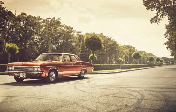 Картинка дорога, фары, тень, Chevrolet, колеса, 1966, Impala