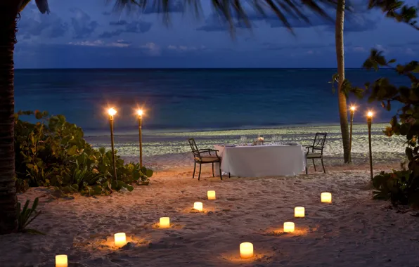 Картинка пляж, океан, романтика, вечер, свечи, beach, ocean, sunset, view, romantic, ужин, dinner