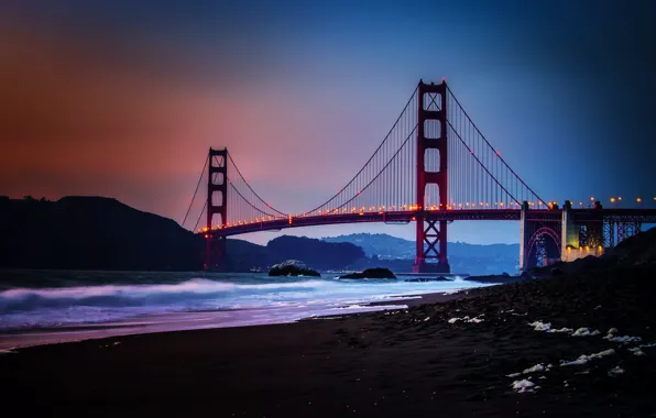 Картинка City, Nature, Sky, Bridge, Water, Sunset, San Francisco, Golden, Sand, Ocean, Scenic, Gate, Baker
