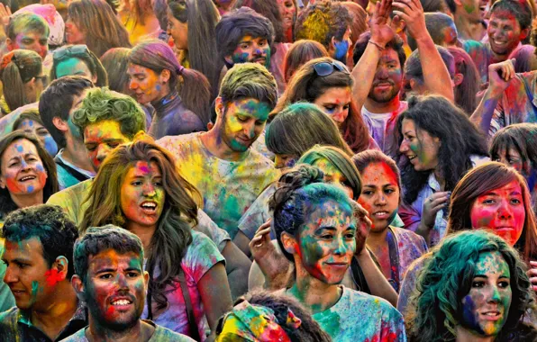 Картинка радость, люди, праздник, краски, лица, HoliMadrid