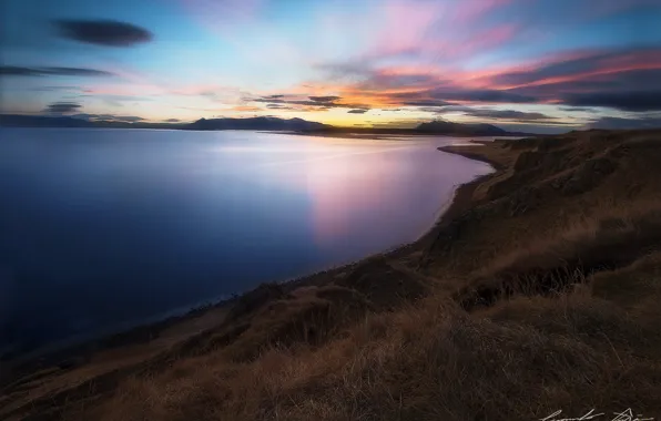 Картинка море, пляж, небо, облака, гладь, берег, склоны, утро, выдержка, Исландия