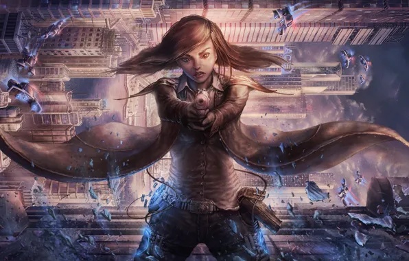 Картинка девушка, город, пистолет, фантастика, небоскребы, плащ, cyberpunk, antigravity