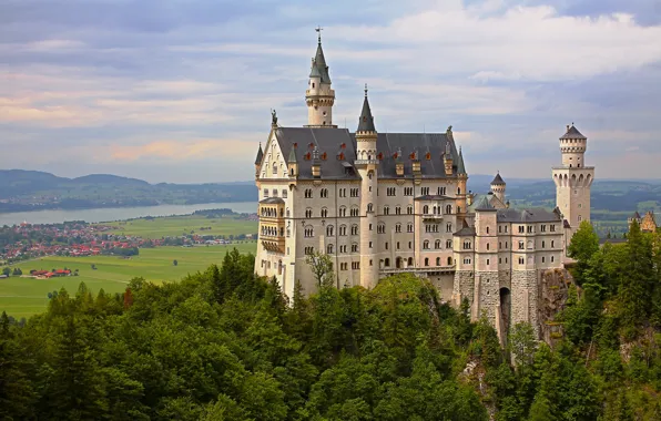 Картинка деревья, замок, Германия, долина, Бавария, панорама, Germany, Bavaria, Neuschwanstein Castle, Замок Нойшванштайн