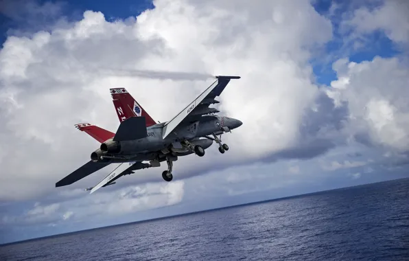 Картинка море, истребитель, взлет, Super Hornet, палубный, FA-18F