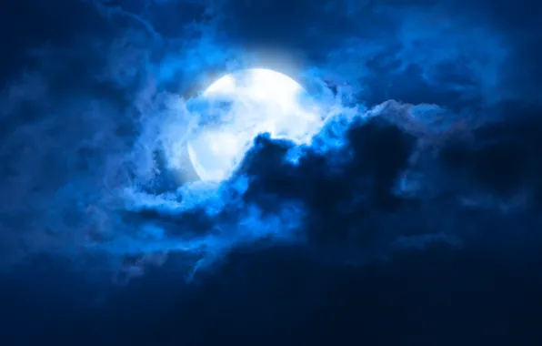 Картинка небо, облака, пейзаж, ночь, Луна, moon, лунный свет, sky, landscape, night, clouds, moonlight, midnight, full …