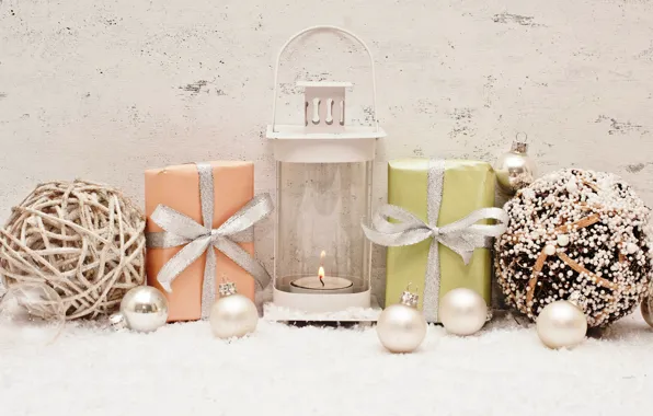 Картинка снег, украшения, шары, свечи, Новый Год, Рождество, подарки, Christmas, balls, New Year, decoration
