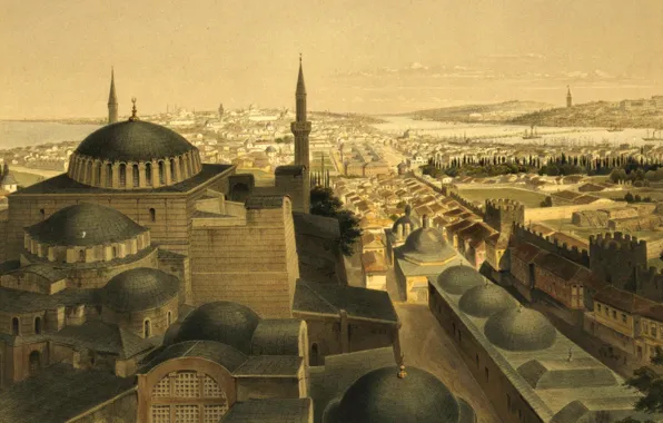 Картинка город, картина, панорама, мечеть, Стамбул, Турция, минарет, Собор Святой Софии, Айия-Софья